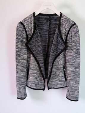 Ann Taylor Cropped Knit Jacket Navy & White With Black Trim Size Medium